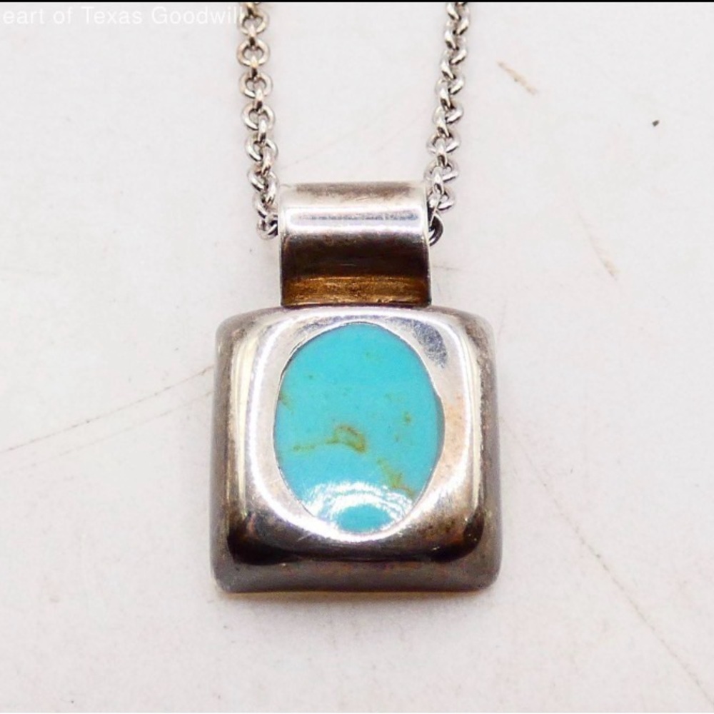 Sterling Silver 925 Square Turquoise Cabochon Navajo Pendant 11” Necklace 9.38g
